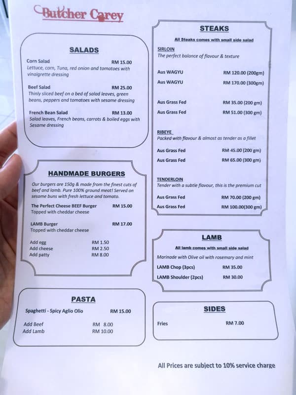 Butcher Carey menu